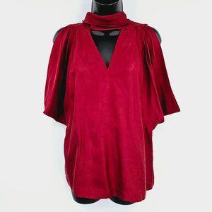 Raoul Silk Blouse 2 Burgundy Red Short Batwing Sleeve Neck Tie Boxy Crop Flowy